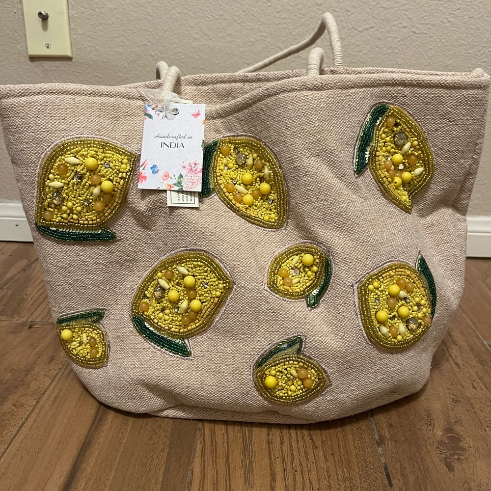 Handcrafted Made in India Yellow Beaded Lemon Tote